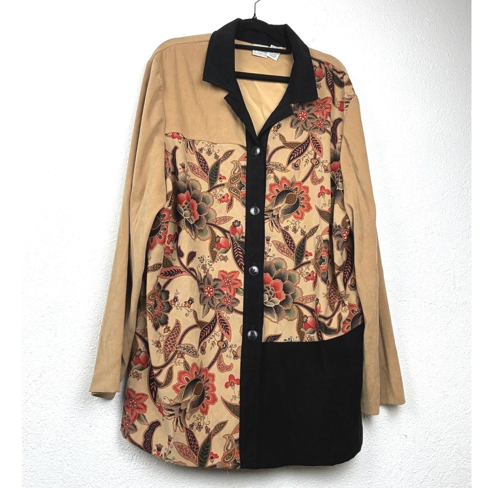 Giorgio Fiorlini Tan Floral Button Down - 18W - Faux Suede Artwear Fall Vibes